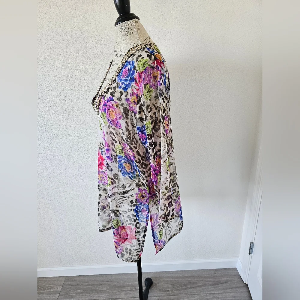 Just Love Embellished Kaftan Tunic - Leopard & Floral Print - One Size - Boho